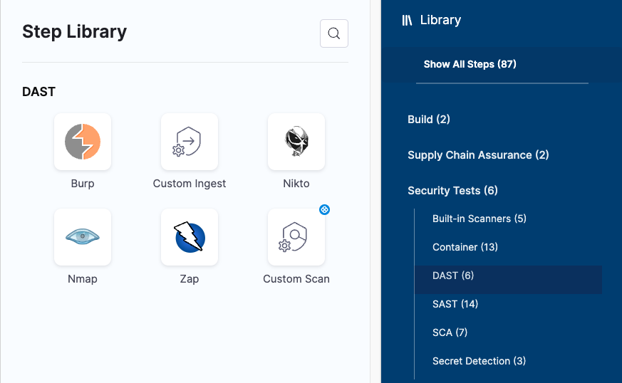 Step Library with scanner-specific steps and Custom Scan step